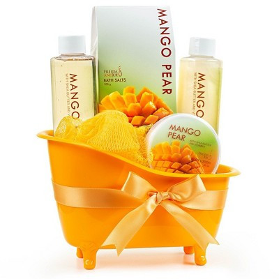 Tropical Mango Pear Bath & Body Gift Set in Tub Basket with Shower Gel, Bubble Bath, Lotion, Bath Salt & Puff – Body Care Set for Women | Target