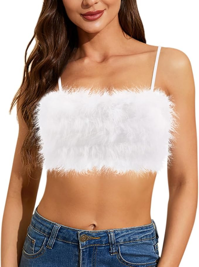 Vimoisa Women Faux Fur Tank Top Spaghetti Strap Crop Cami Top Tight Sleeveless Tube Top Vest | Amazon (US)