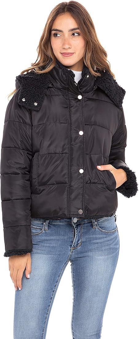 Sebby Collection Women's Puffer Jacket Reversible to Cozy Faux Fur with Hood | Amazon (US)