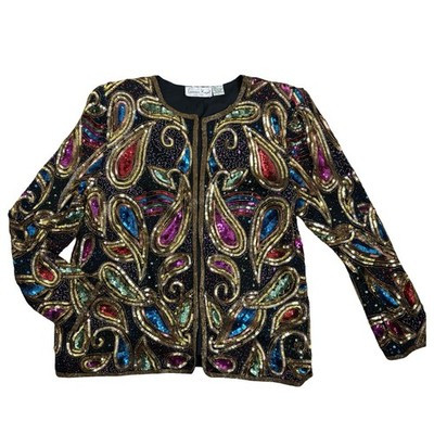 VINTAGE Laurence Kazar Black Silk Sequin and Beaded Paisley Evening Jacket L | eBay | eBay US