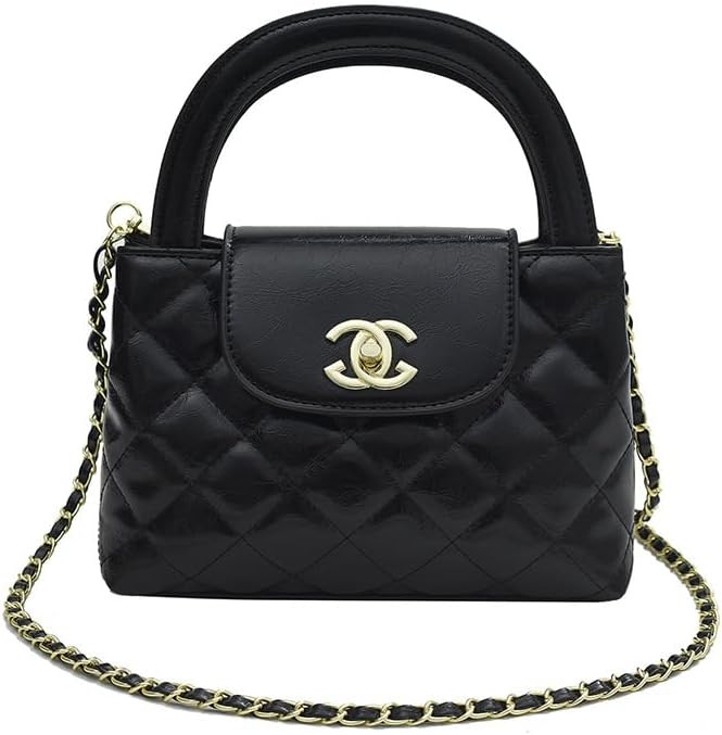 Designer Quilted Handbag, Faux Leather with Gold Chain Strap, Top Handle Crossbody Purse, 8.6x5.9... | Amazon (US)