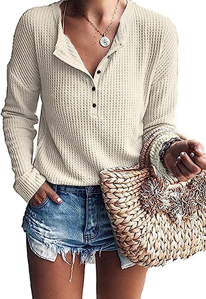MOLERANI Womens Waffle Knit Tunic Tops Loose Long Sleeve Button Up V Neck Henley Shirts | Amazon (US)