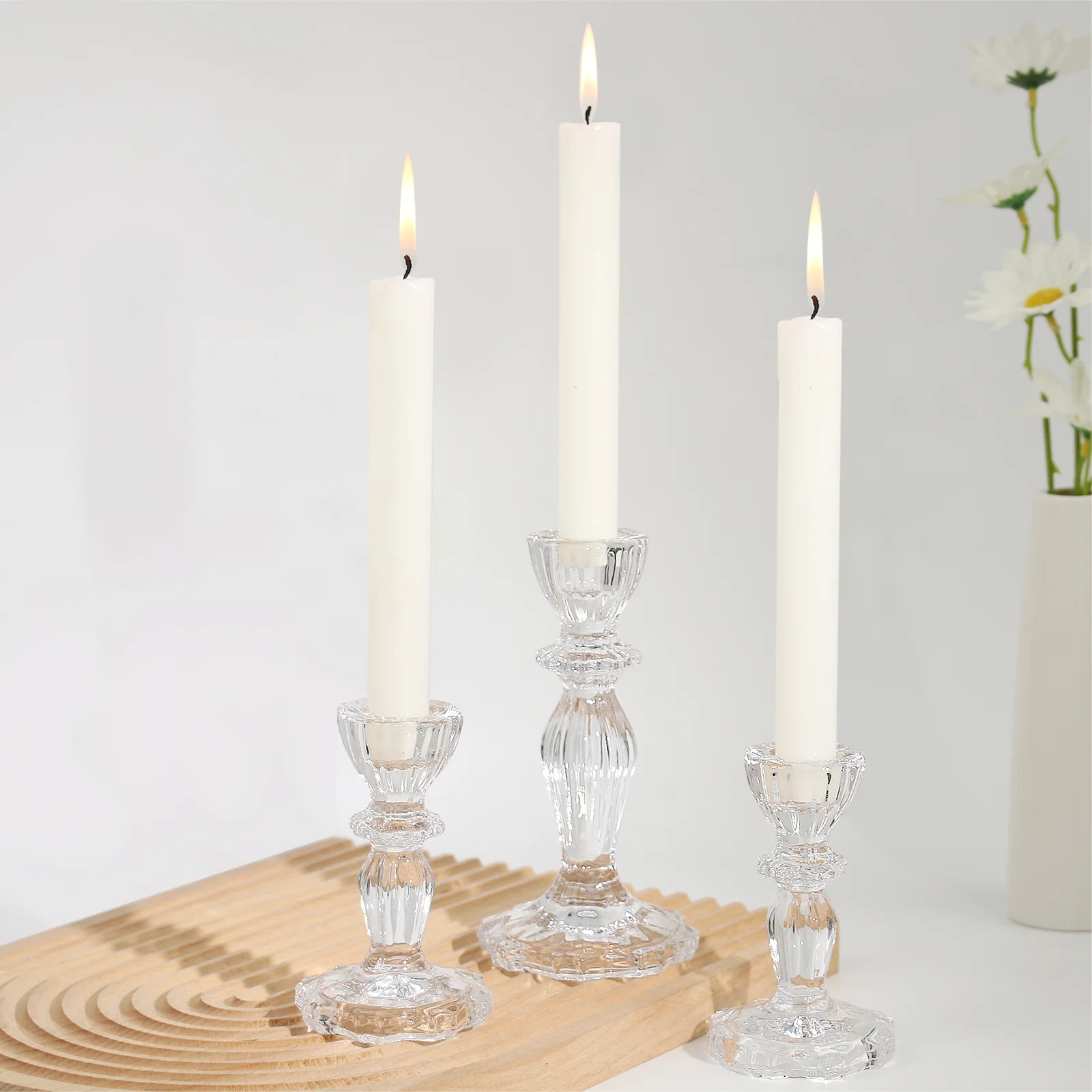 HofferRuffer Glass Candle Holders Set of 3, 1M(3.1''x6.2'')+2S(2.7''x4.3'') Clear Stripe Taper Ca... | Walmart (US)