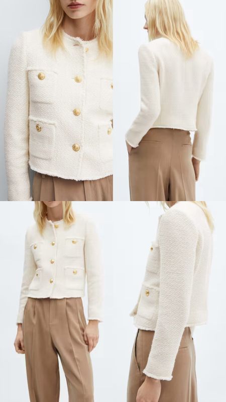 Pocket tweed jacket. Cream color. Tweed fabric. Cotton-blend fabric. Straight design. Long sleeve. Four patch pockets on the front and decorative buttons. Mango outfit idea under £80. Affordable fashion.  Wardrobe staple. Timeless. Gift guide idea for her. Luxury, elegant, clean aesthetic, chic look, feminine fashion, trendy look, workwear, office. 

#LTKworkwear #LTKGiftGuide #LTKfindsunder100