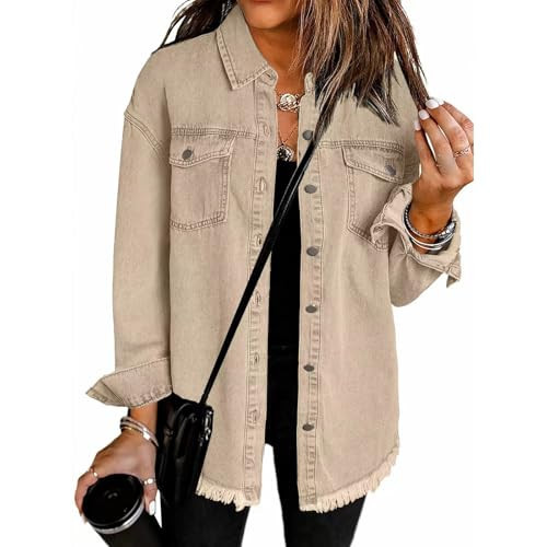 Jean Jacket Women Distressed Denim Jacket Casual Button Down Shacket Jacket | Amazon (US)