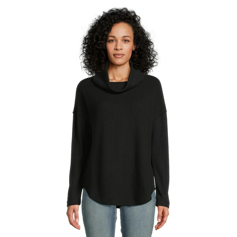 Time and Tru Women's Cowl Waffle Tunic with Long Sleeves, Sizes XS-3XL | Walmart (US)
