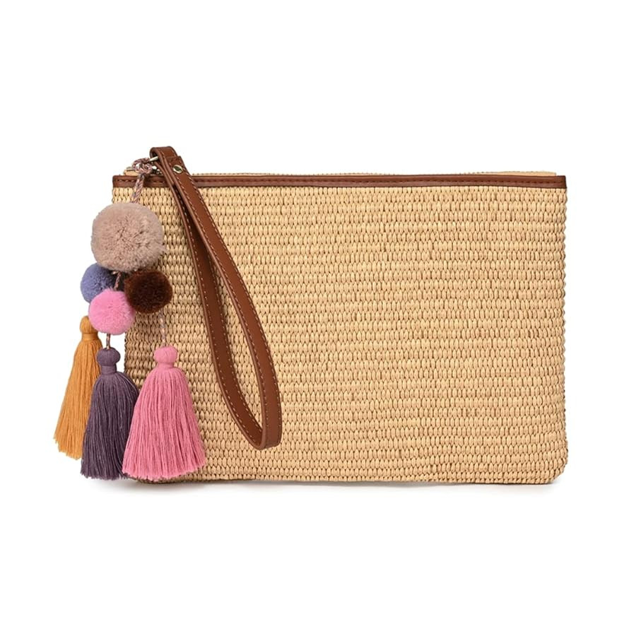 Luxury Straw Wristlet Pouch Beach Clutch Bag Small Summer Vacation Purse w. Colorful Pom Poms Tas... | Amazon (US)