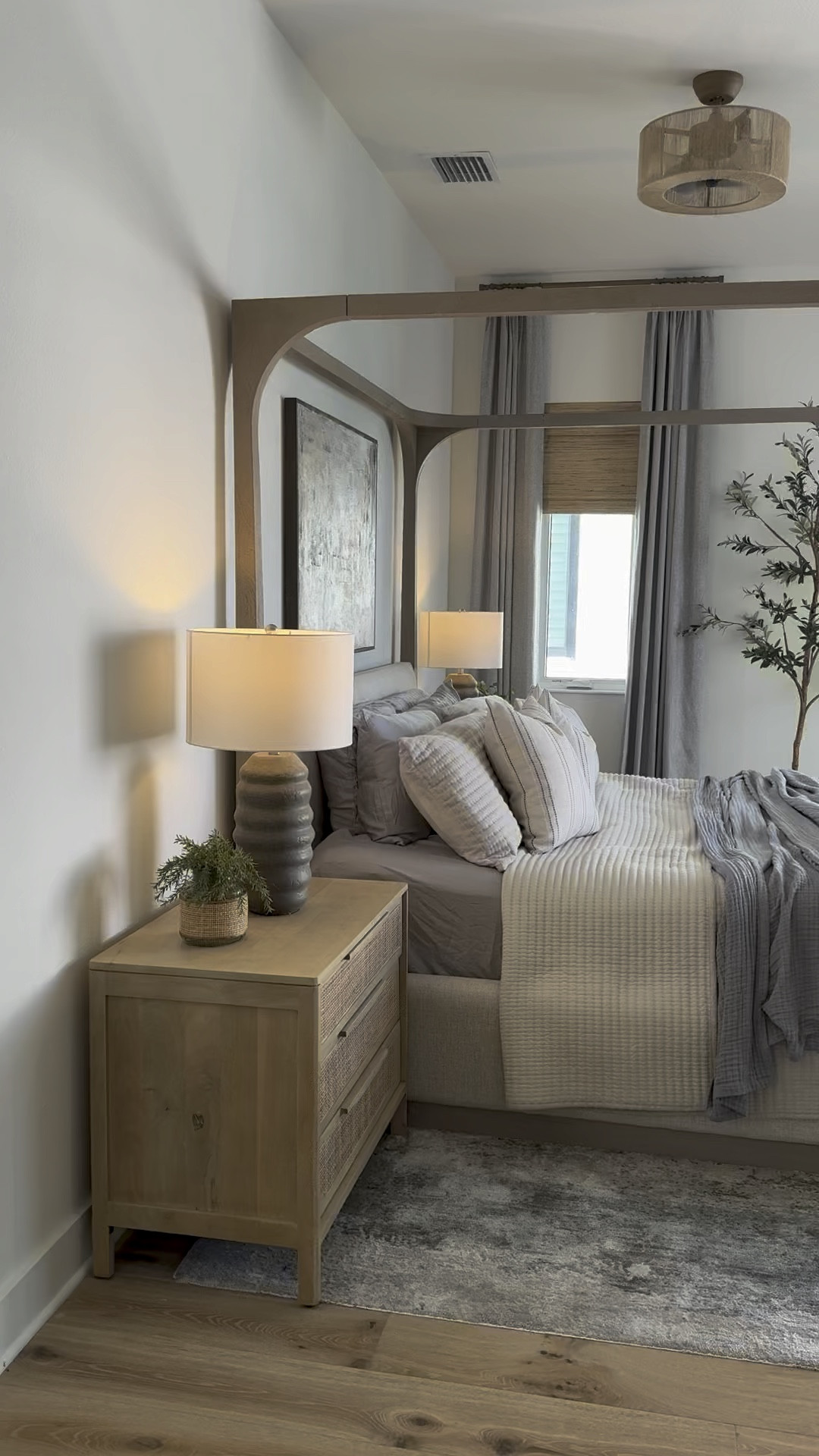 Coastal casual bedroom! TwoPages blackout curtains, ceiling fan (that doesn’t look like ceiling fan) nightstands that I LOVE, comfy accent chairs, and quince bamboo sheets are buttery soft!   This rug is so beautiful! I’ve bought it 3 times!

#LTKHome