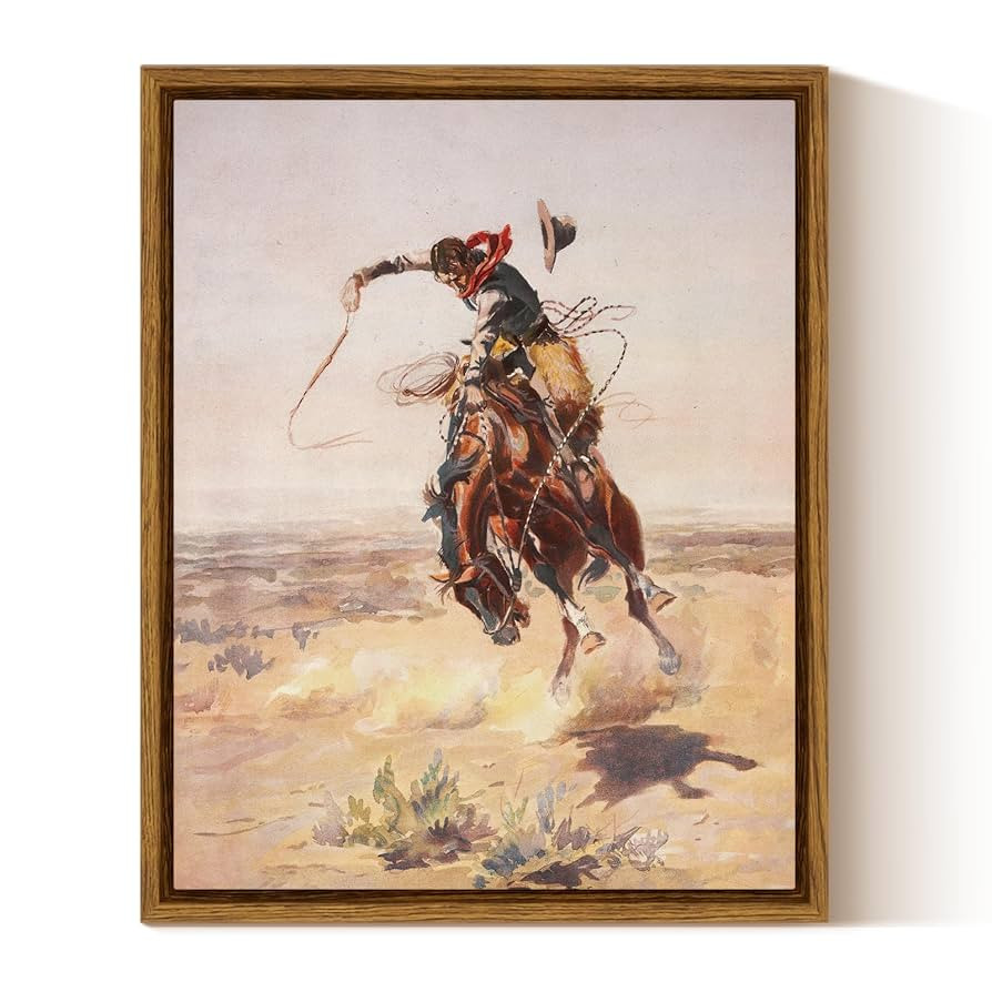 InSimSea Framed Canvas Wall Art Western Cowboy Decor Rustic Vintage Cowboy Oil Paintings Horse Ri... | Amazon (US)