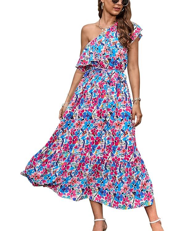 BTFBM Women's One Shoulder Maxi Dress Sleeveless Casual Summer Layered Ruffle Boho Floral Print P... | Amazon (US)