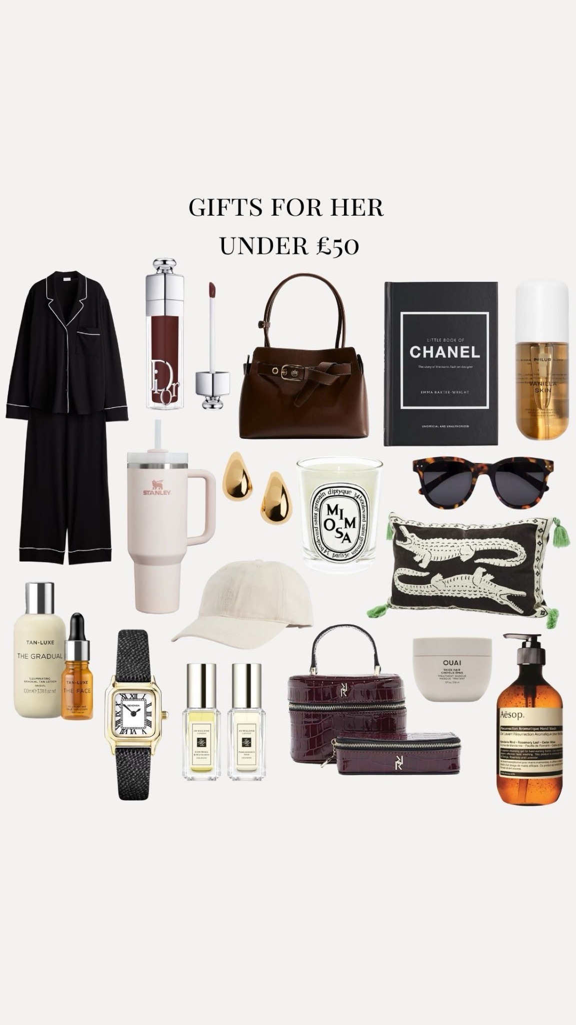 Gifts for her under £50 🫶🏼 Perfect for luxury on a budget 💗

Pyjamas, Phlur body spray, brown leather handbag, Dior, Aesop, make up bag, jewellery bag, leather strap watch, Jo Malone set, Diptyque, Oliver Bonas pillow 

#LTKuk #LTKgiftguide