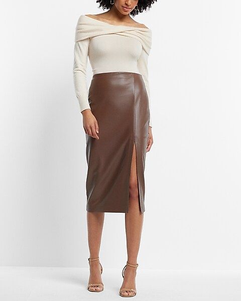 Super High Waisted Faux Leather Side Slit Midi Skirt | Express