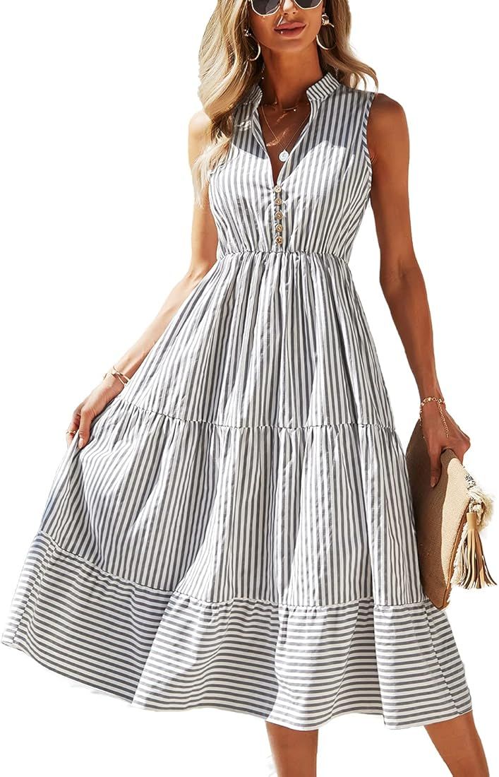 BROVAVE Womens 2023 Summer Sleeveless Shirt Dress Collar Striped V Neck Casual Midi Dresses | Amazon (US)