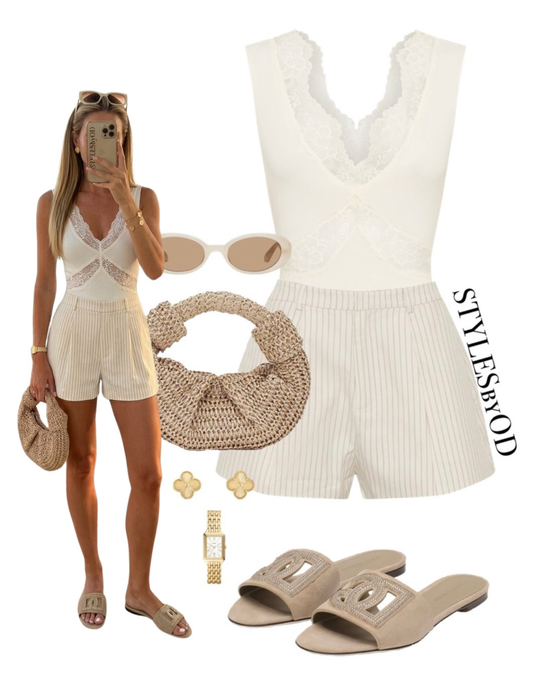 Cute and light Summer outfit in neutral tones🍨☀️

Whether it’s a vacation morning, a brunch date or just a summer city stroll - this look is giving feminine, neutral and soft summer vacation vibes🕊️

White lace bodysuit tucked into beige pinstripe linen shorts combined with beige sandals and a cute bag🤌🏼 The textures do everything here: delicate lace, crisp linen, woven raffia bag — it’s simple but so considered🤍

#LTKfashion #LTKstyletip #LTKsummer #LTKtravel #LTKshoecrush

#LTKsale #LTKluxury #LTKeurope
