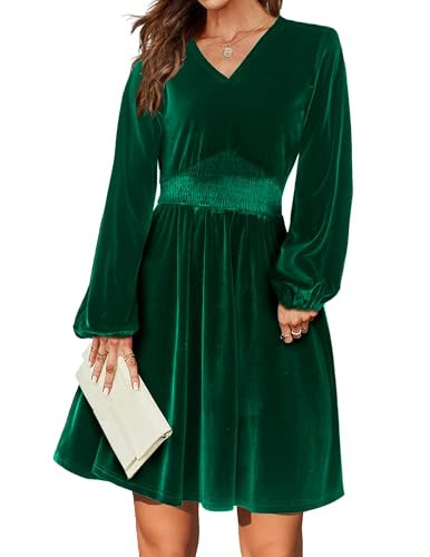 Zeagoo Damen Kleider Elegant Winterkleid Samtkleid Langarm V-Ausschnitt A Linie Kleid Freizeitkleid Hohe Taille Midikleid Weihnachtskleid Dunkelgrün S | Amazon (DE)
