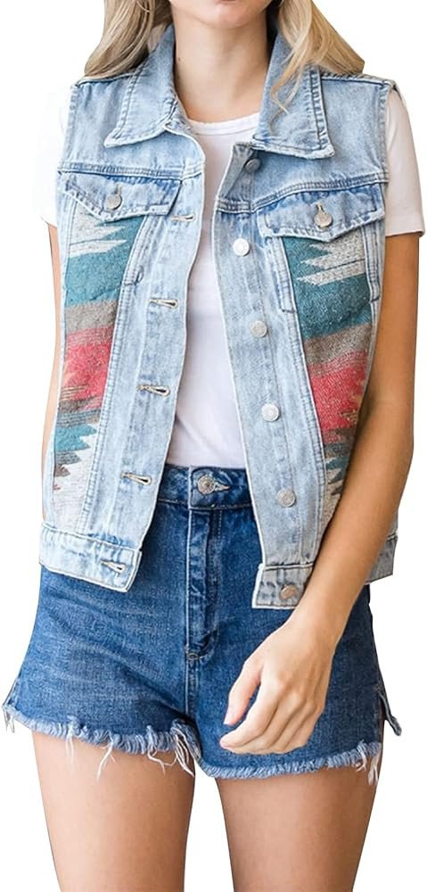 PEHMEA Women's Girls Distressed Sleeveless Button Up Cropped Jean Denim Jacket Vest | Amazon (US)