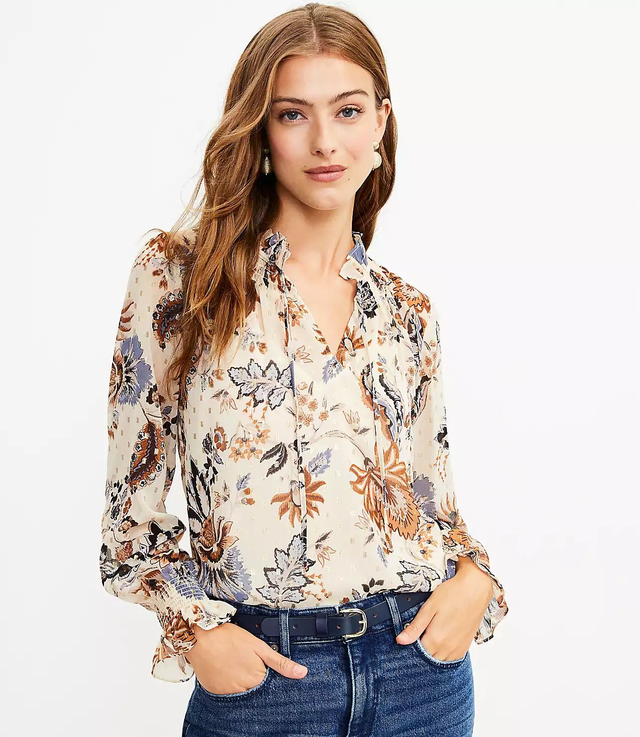 Vine Ruffle Tie Neck Blouse | LOFT