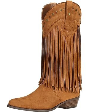 SheSole Women's Fringe Western Boots Wide Calf Riding Cowgirl Cowboy boots Black | Amazon (US)