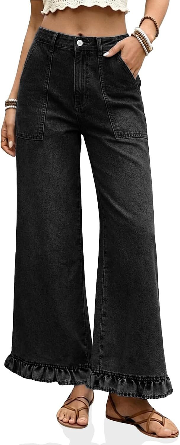 Cicy Bell Womens Ruffle Jeans Cropped High Waisted Baggy Trendy Denim Pants | Amazon (US)