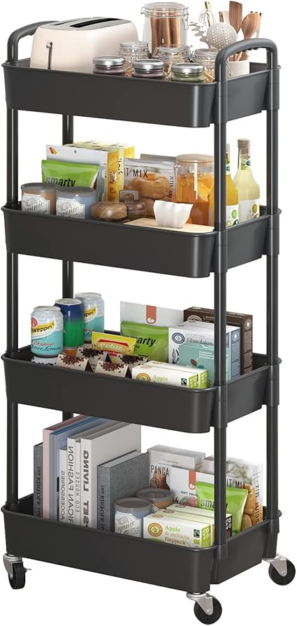 Sywhitta 4-Tier Plastic Rolling Utility Cart with Handle, Multi-Functional Storage Trolley for Of... | Amazon (US)