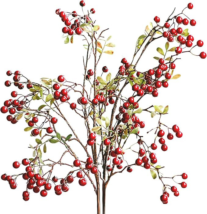 Firlar Artificial Red Berry Branch Long Stem Berry Picks, 4 PC 27.5 Inch Faux Holly Artificial Be... | Amazon (US)