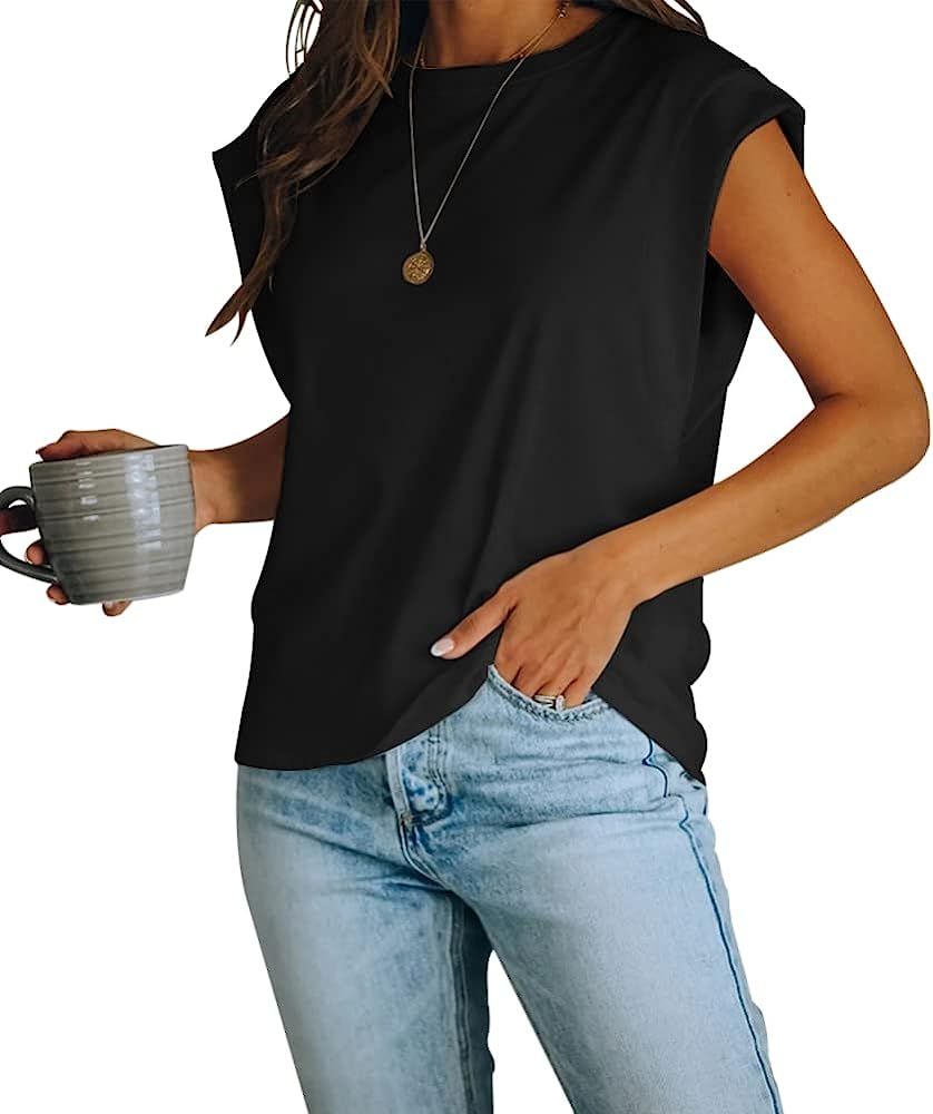 Women's Cap Sleeve Tank Top Crew Neck T Shirts Loose Fit Basic Summer Casual Tee Tops | Amazon (US)