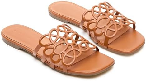 Coutgo Womens Flat Sandals Comfortable Square Open Toe Slides Slip On Summer Dressy Beach Shoes | Amazon (US)