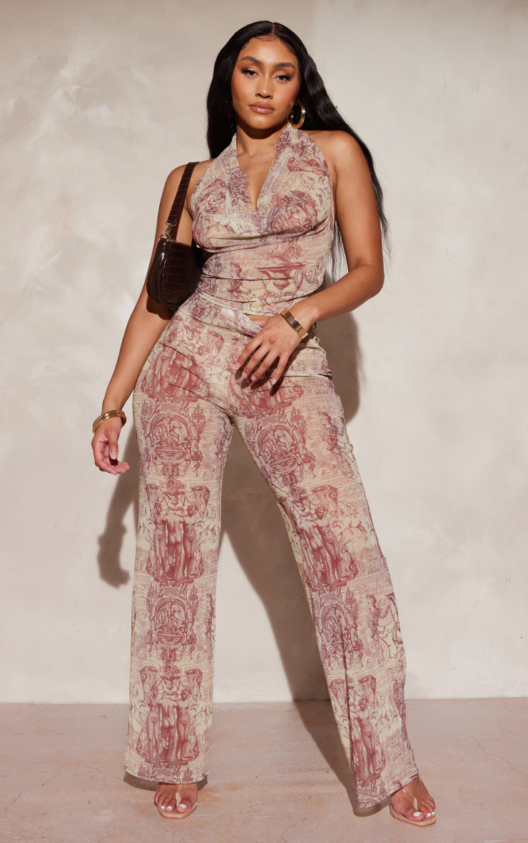 Shape Brown Renaissance Printed Mesh Wide Leg Pants | PrettyLittleThing US