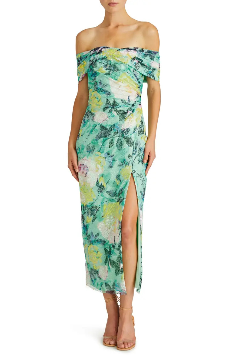 ML Monique Lhuillier Allie Floral Print Off the Shoulder Lace Midi Cocktail Dress | Nordstrom | Nordstrom
