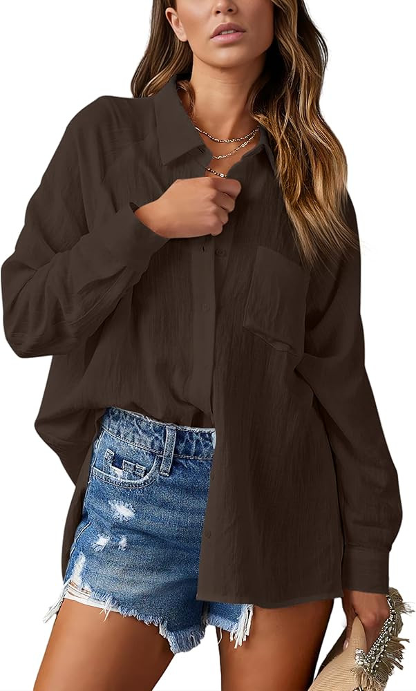 AISEW Womens Casual Button Down V Neck Shirts Raglan Long Sleeve Loose Fit Collared Work Blouses ... | Amazon (US)