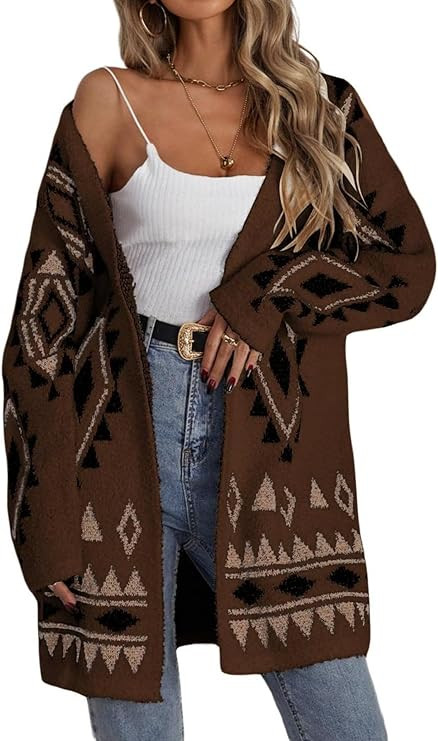 WDIRARA Women's Fuzzy Knit Cardigan Geo Pattern Long Sleeve Drop Shoulder Open Front Sweater | Amazon (US)