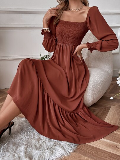 Square Neck Shirred Ruffle Hem Dress | SHEIN