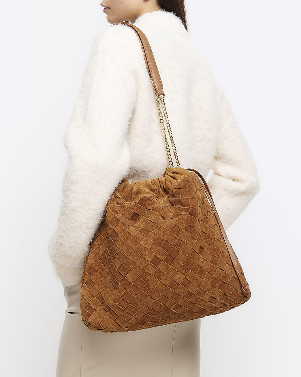 Brown suede weave slouch tote bag | River Island (UK & IE)
