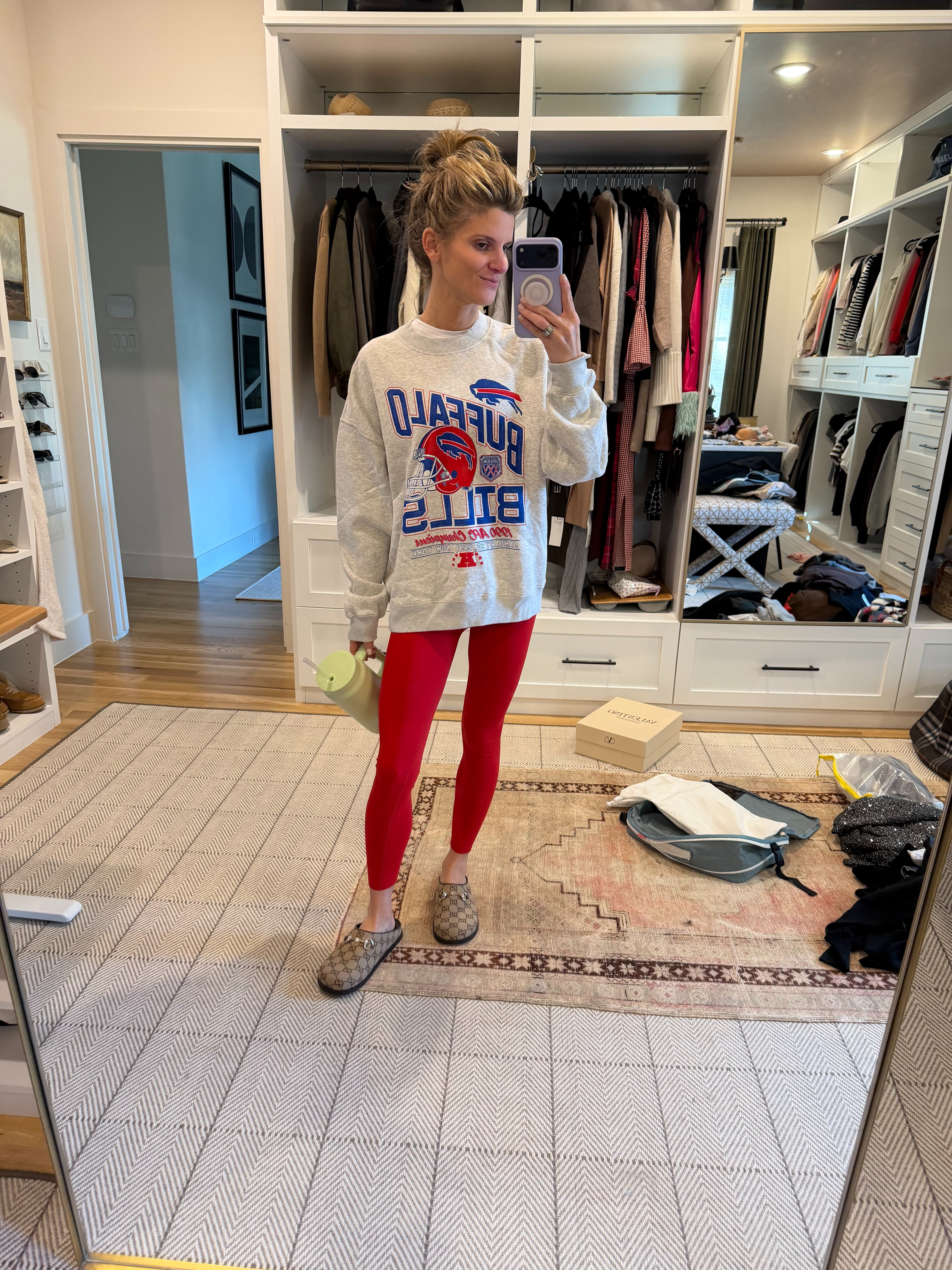 Abercrombie NFL crewneck...wearing S (currently on sale) and my favorite red Spanx 7/8 leggings...wearing XS! 

 