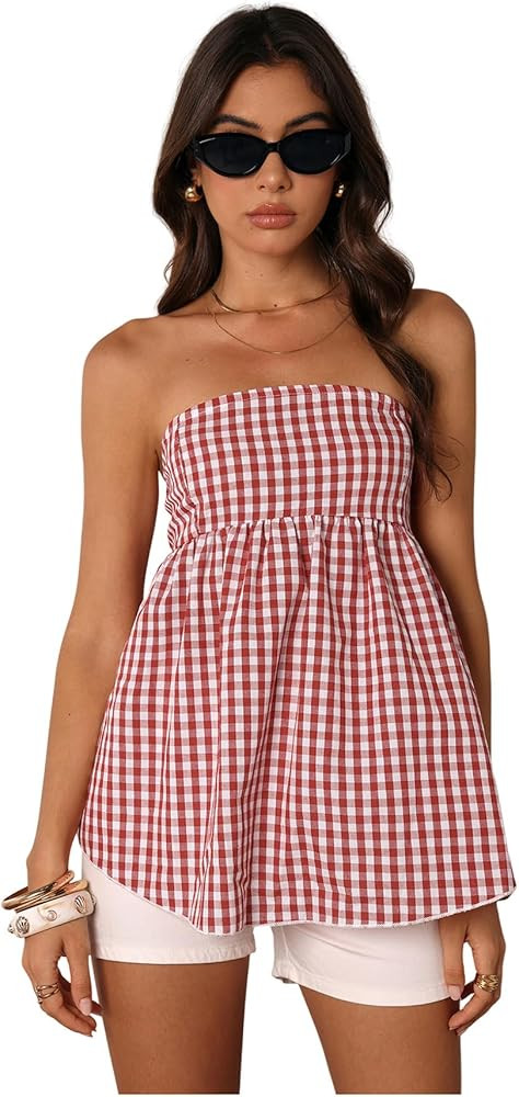 OYOANGLE Women's Plaid Gingham Strapless Bandeau Tube Top Ruffle Flowy Hem Cute Y2k Going Out Pep... | Amazon (US)