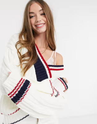 ASOS DESIGN V neck sweater in mixed stripe in cream | ASOS (Global)