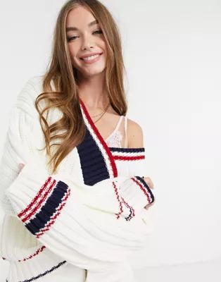 ASOS DESIGN V neck sweater in mixed stripe in cream | ASOS (Global)