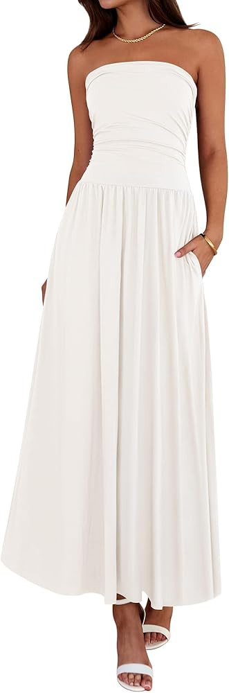 BTFBM Summer Maxi Dresses for Women 2025 Strapless Ruched Tube Top Flowy Beach Vacation Wedding G... | Amazon (US)