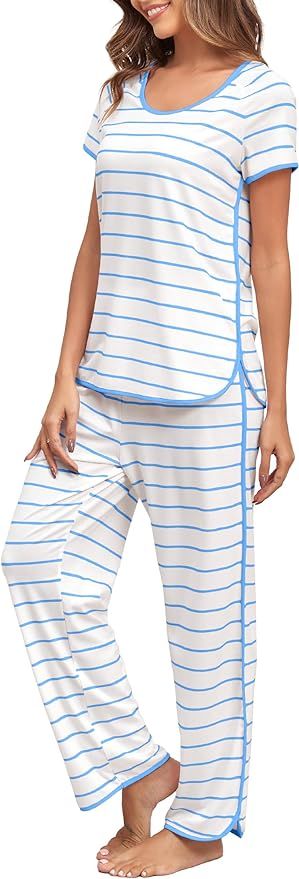 FKEEP Stripe Pajamas Set Women Two-Piece Nightwear Short Sleeve Sleepwear Soft Side Split Loungew... | Amazon (US)