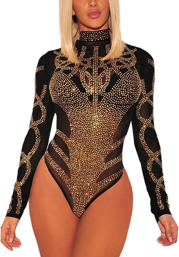 MAYFASEY Women's Long Sleeve Bodysuit Sheer Mesh Sexy Leotard Bodysuit Body Tops | Amazon (US)