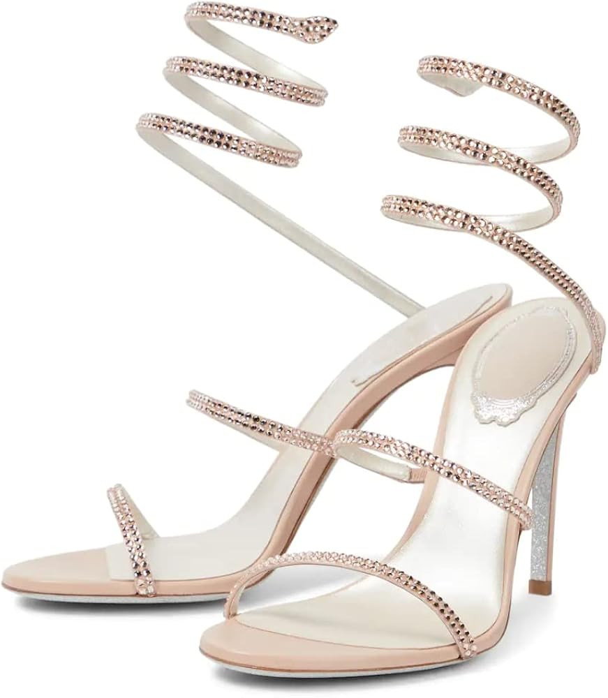 Vertundy Women’s Rhinestone Heeled Sandals - Gladiator Open Round Toe Stiletto High Heels Crystal An | Amazon (US)