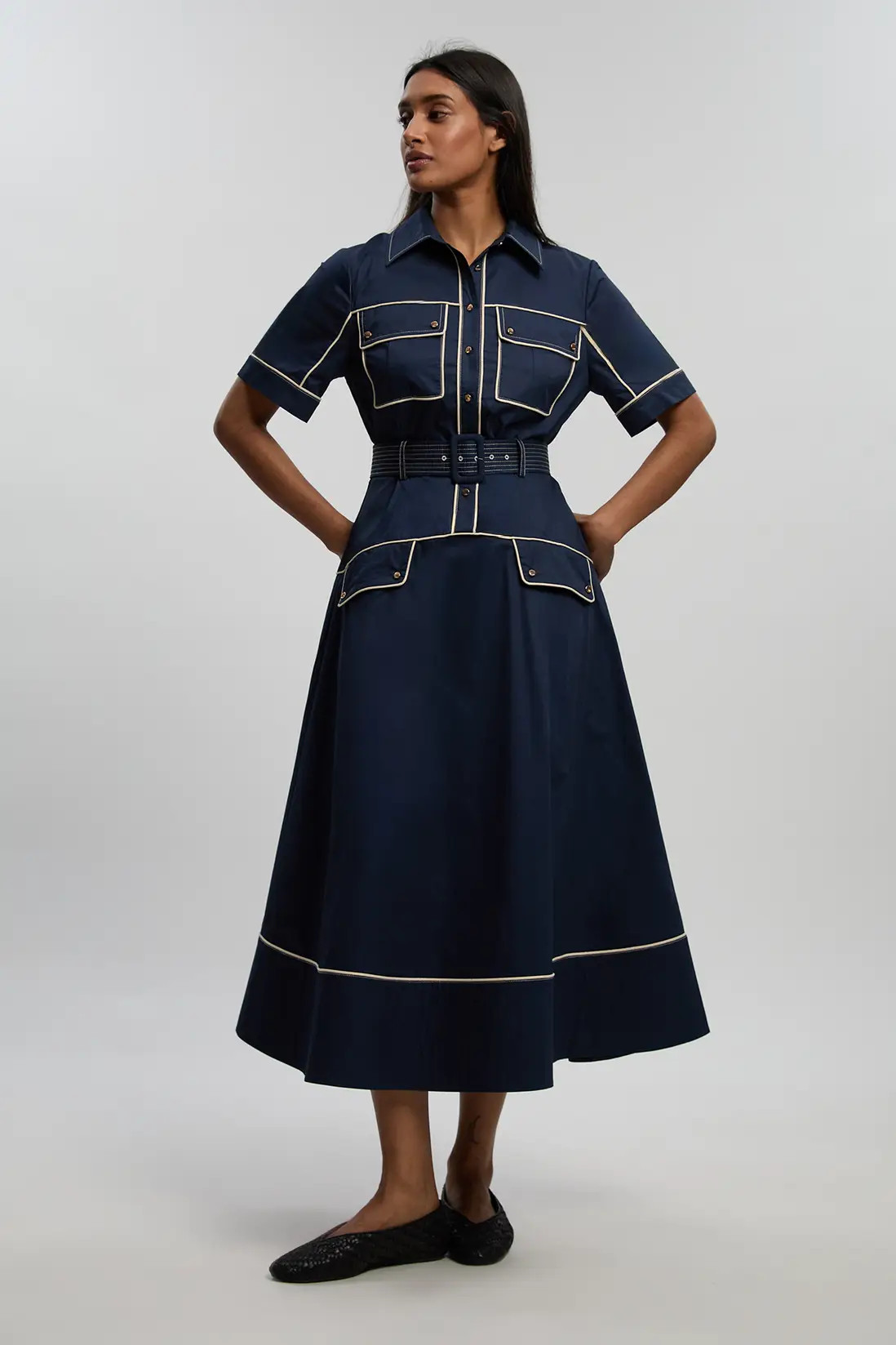 Cotton Sateen Button Detail Woven Midi Shirt Dress With Contrast Piping | Karen Millen