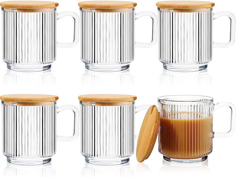 Inbagi 6 Pcs Glass Coffee Mug with Lid Espresso Cups for Coffee 12.5 oz Classical Vertical Stripe... | Amazon (US)