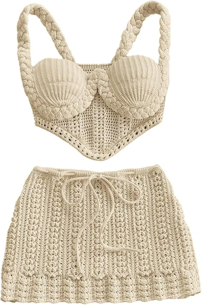 MakeMeChic Women's 2 Piece Sets Crochet Crop Tank Tops Mini Skirt Set Summer Beach Vacation Outif... | Amazon (US)