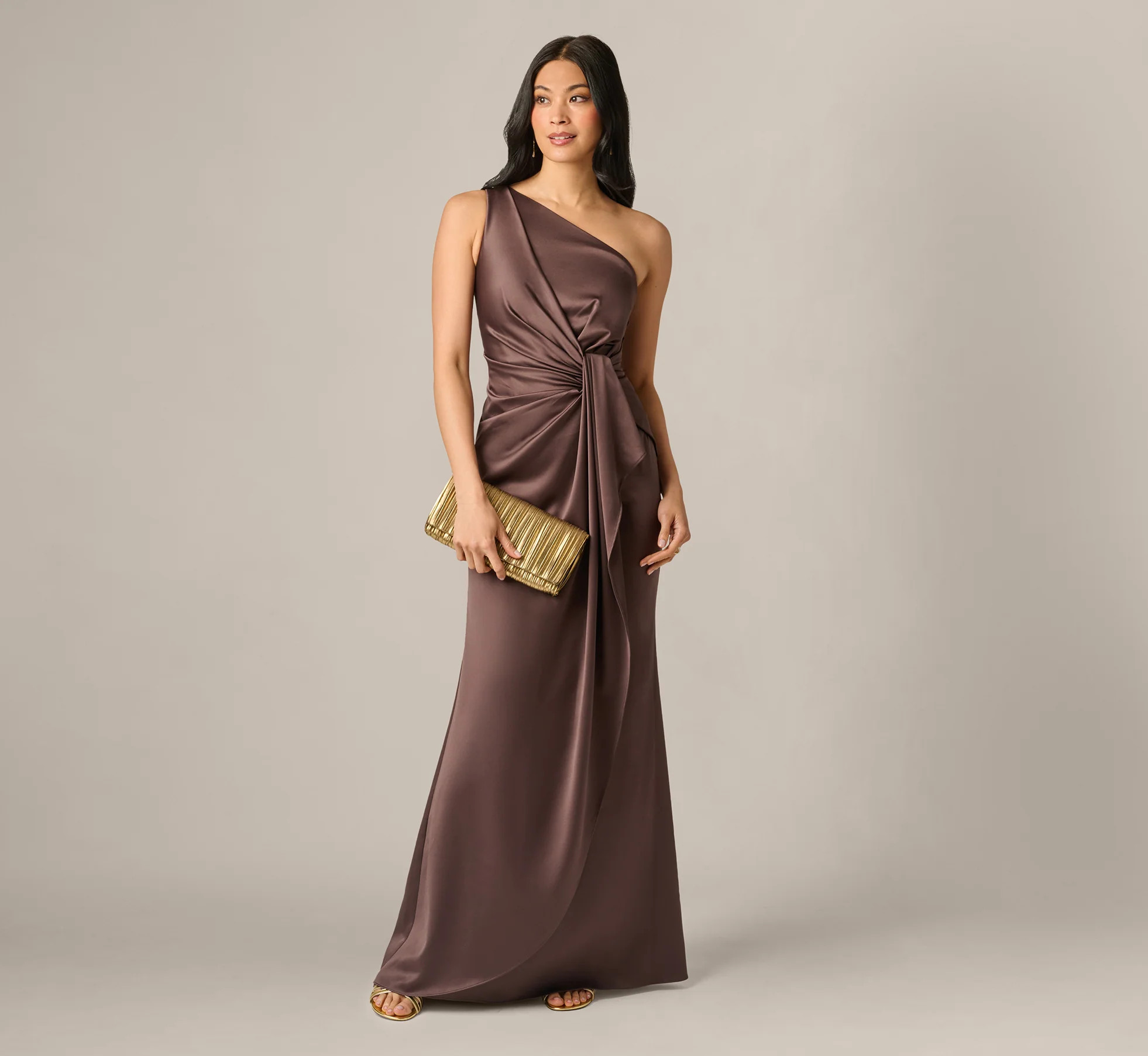 Brown One Shoulder Draped Knot Waist Satin Gown - Adrianna Papell | Adrianna Papell