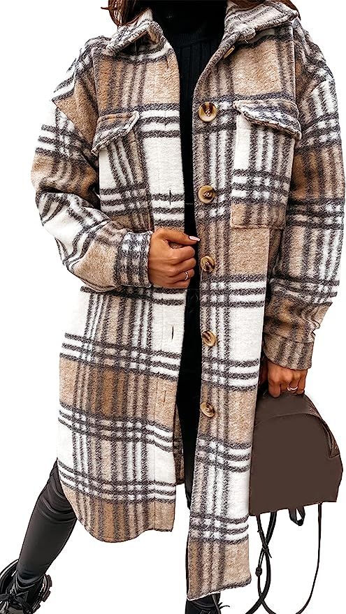 Amazon.com: AMEBELLE Womens Fall long Flannel Plaid Grey Shacket Jacket Button UP Shirts Trench C... | Amazon (US)