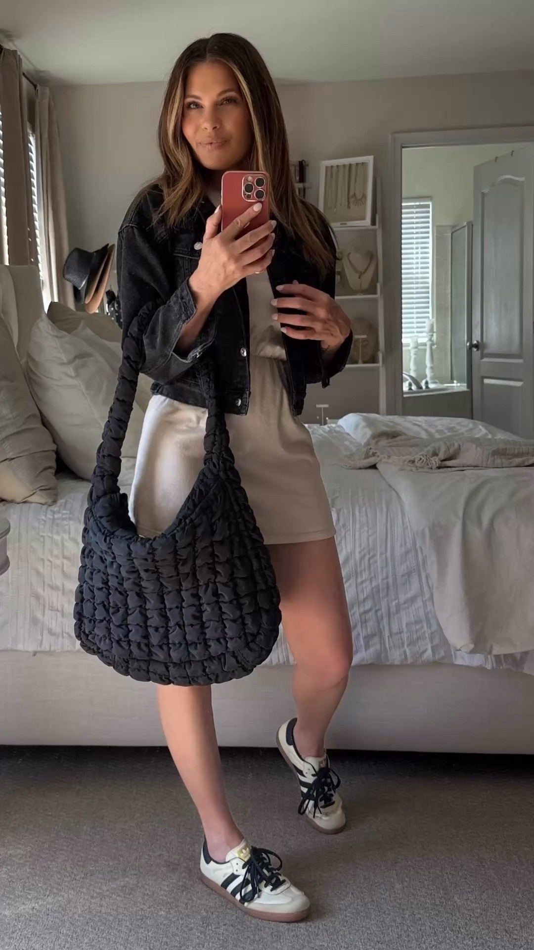 Casual fun style. 

Jersey Dress (comes in other colors) - tts//Denim Jacket - tts//Sneakers - tts//Bag

#LTKdayinmylife #LTKOver40