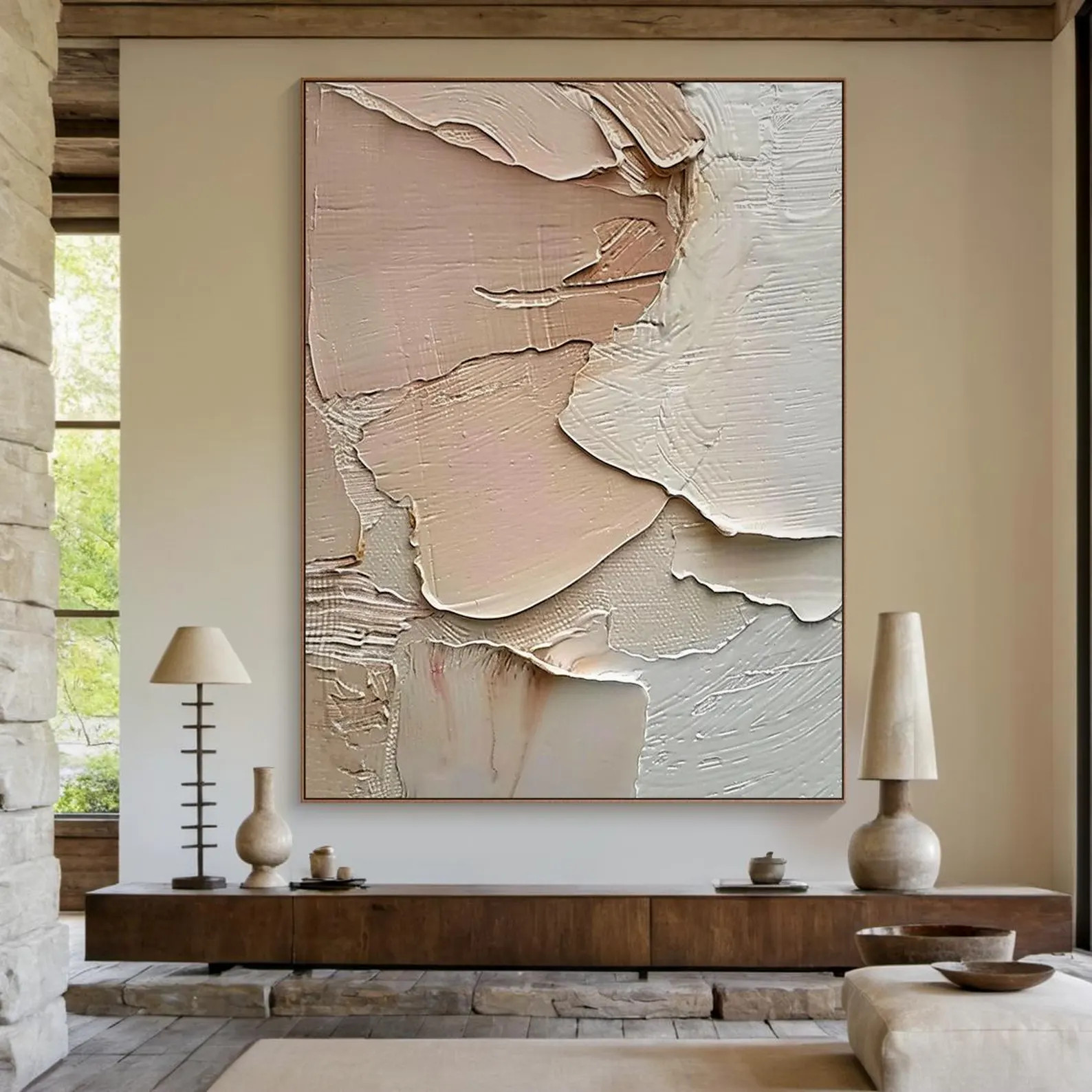 Large Light Pink Wall Art, Abstract Painting on Beige Canvas, Light Pink Minimalist Wall Art, Ivo... | Etsy (US)