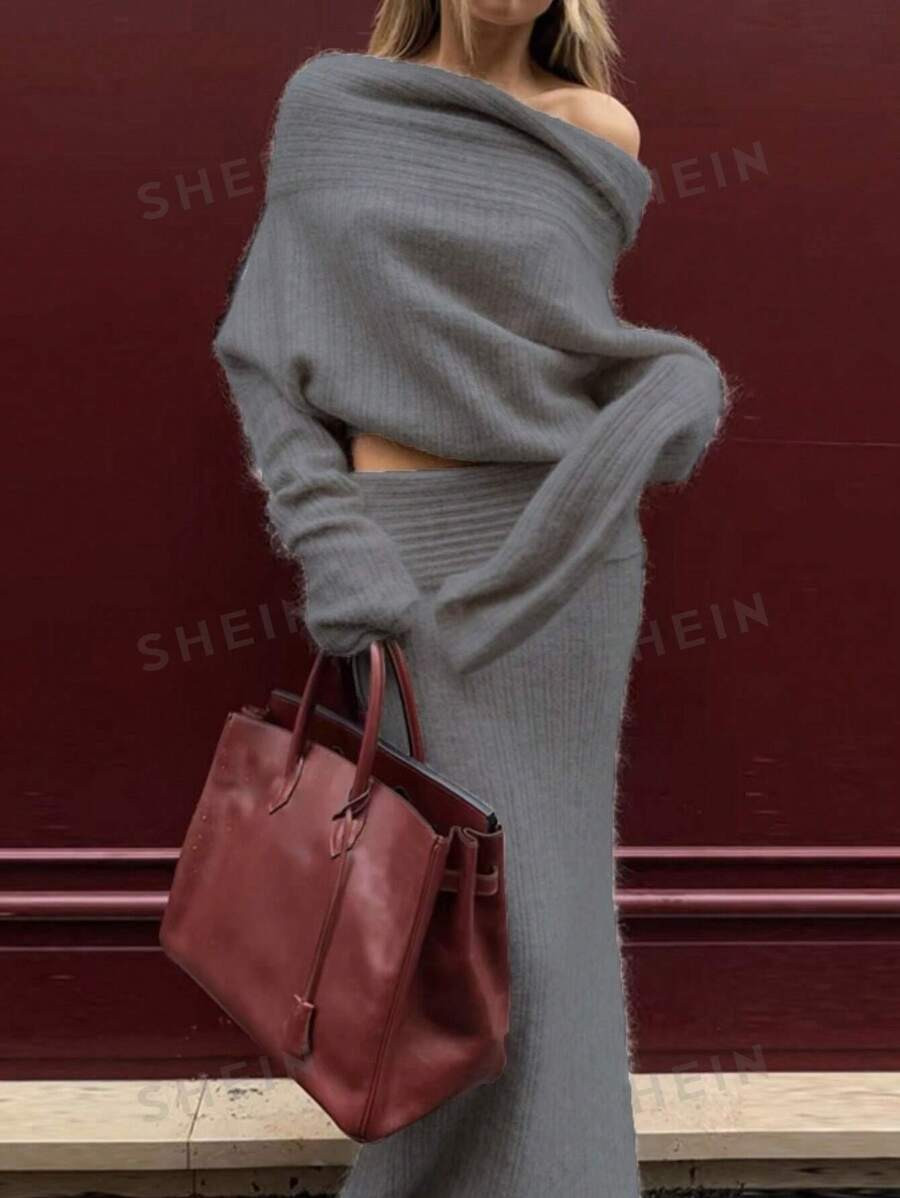 SHEIN Essnce 2pcs Women Off Shoulder Solid Top And Skirt Knitted Sweater Set | SHEIN