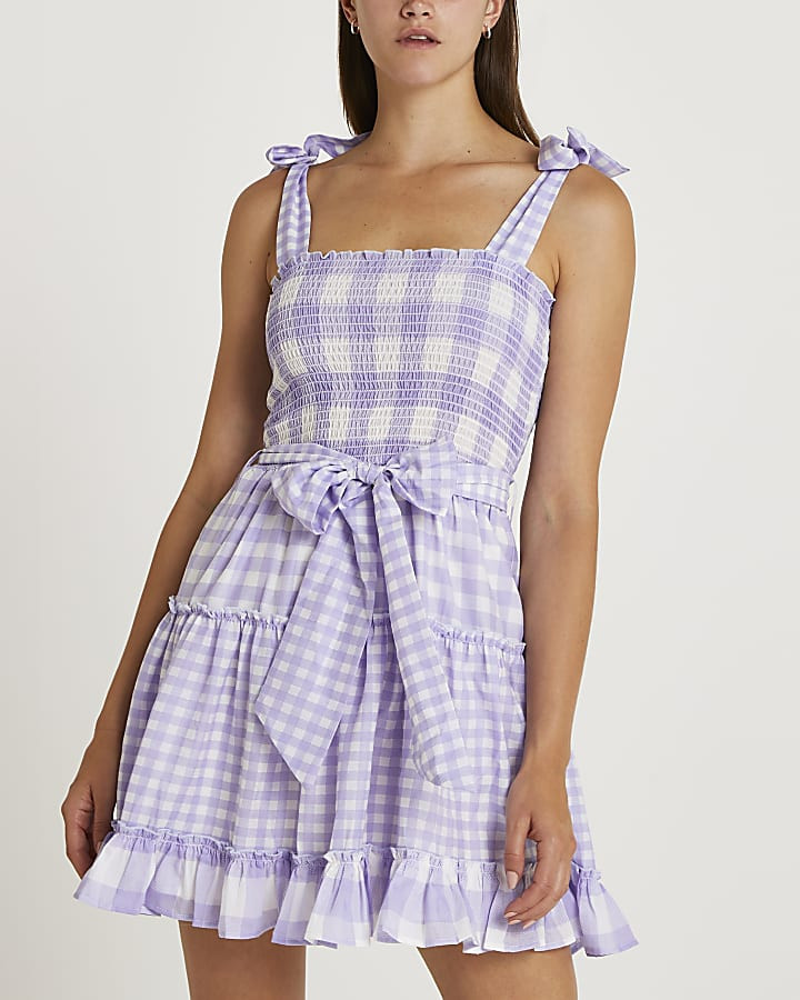 Purple gingham tie waist mini dress | River Island (UK & IE)